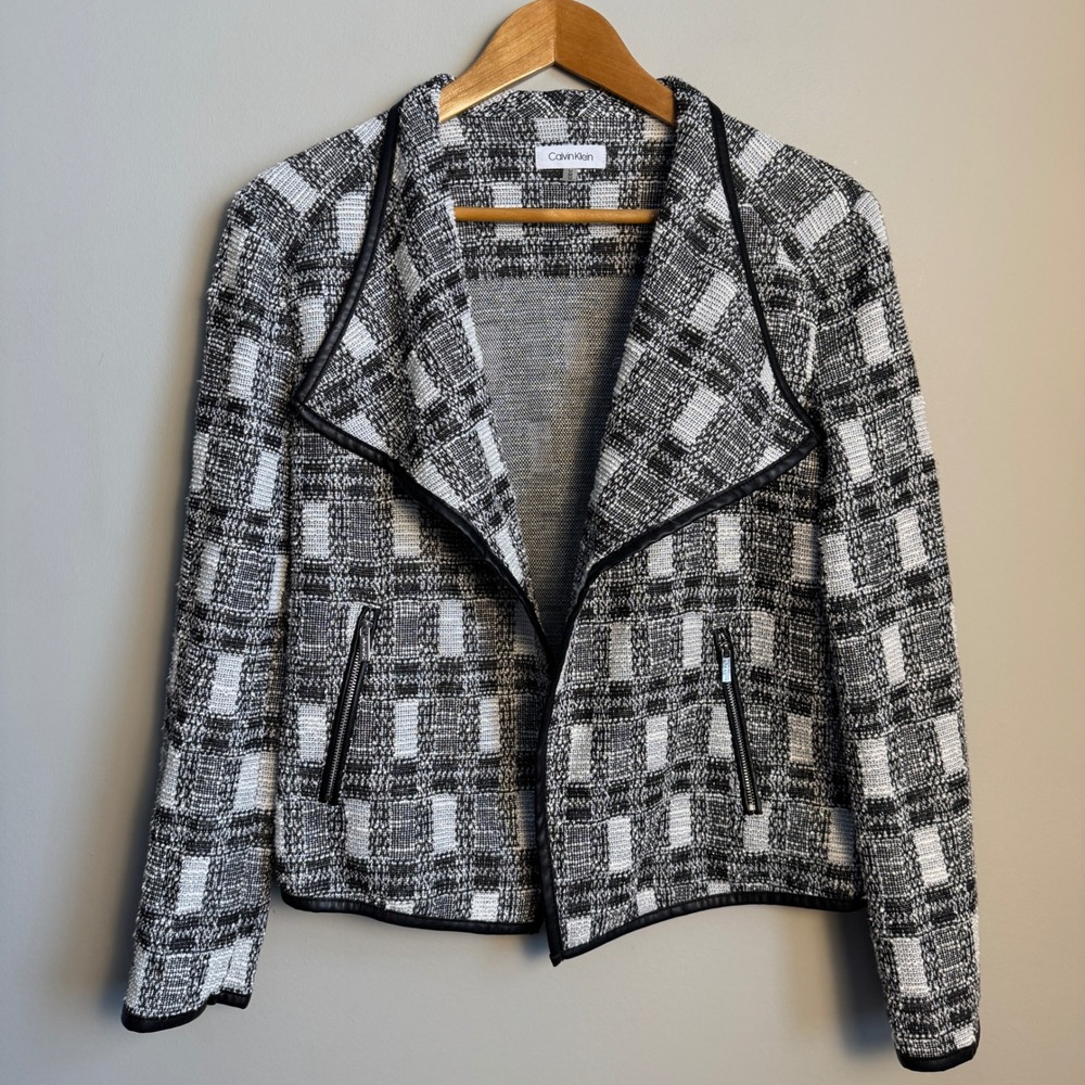 Calvin Klein Women's‎ Black White Plaid Open Jacket Blazer Medium Glitter Chic